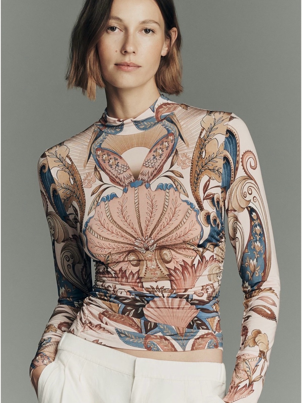 FARM Rio Pink, Blue and Tan Printed Long-Sleeve Mock Neck Top